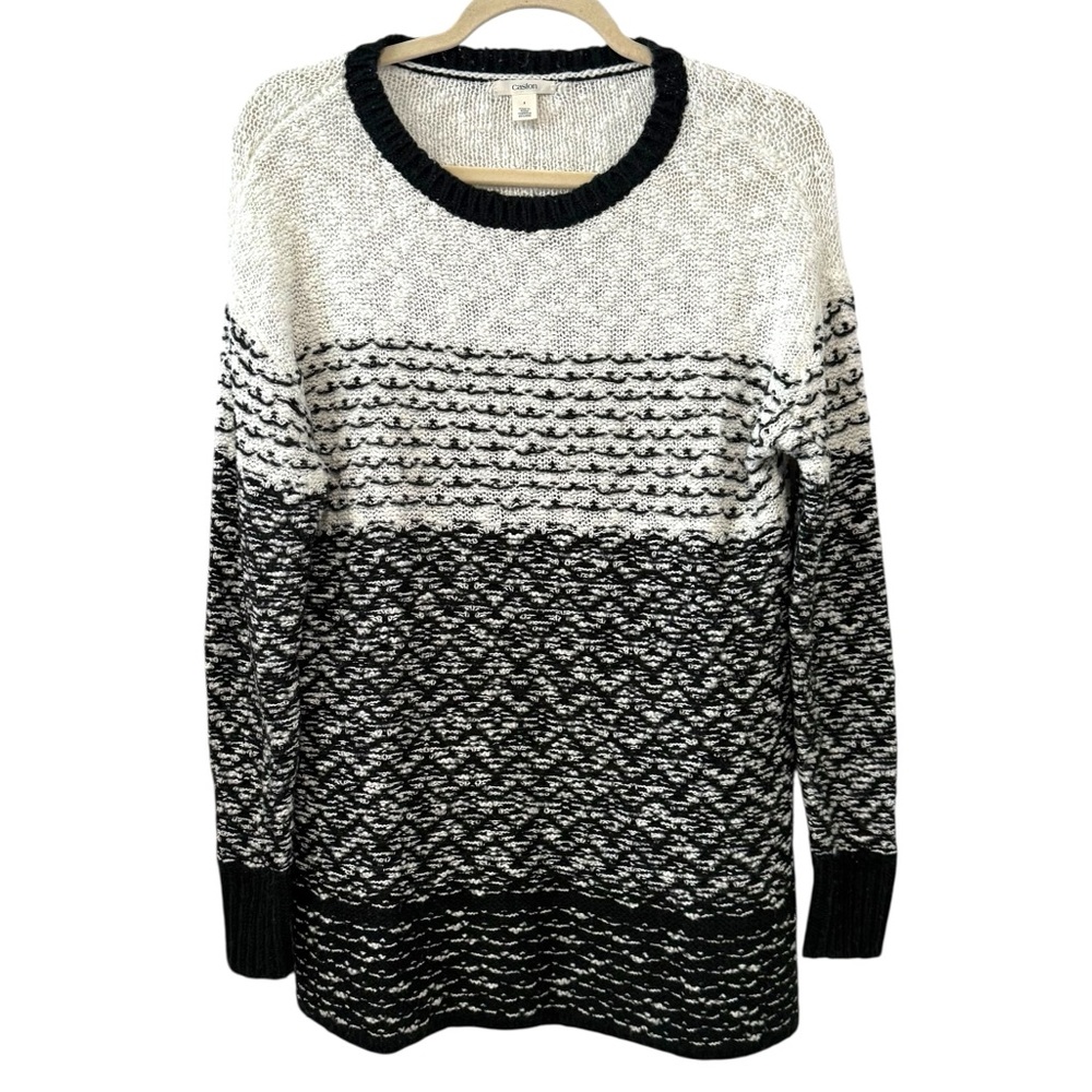 Caslon Small Black White Textured Knit Crewneck Long Sleeve Sweater Oversized